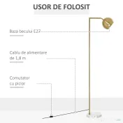 Homcom Lampadar Vintage – Abajur Reglabil, E27, Finisaj Auriu 