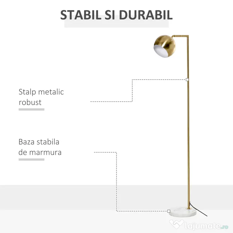 Lampa de podea cu structura metalica si abajur reglabil, din Metal si Marmura 38x26x165cm Auriu, Alb HOMCOM | Aosom RO