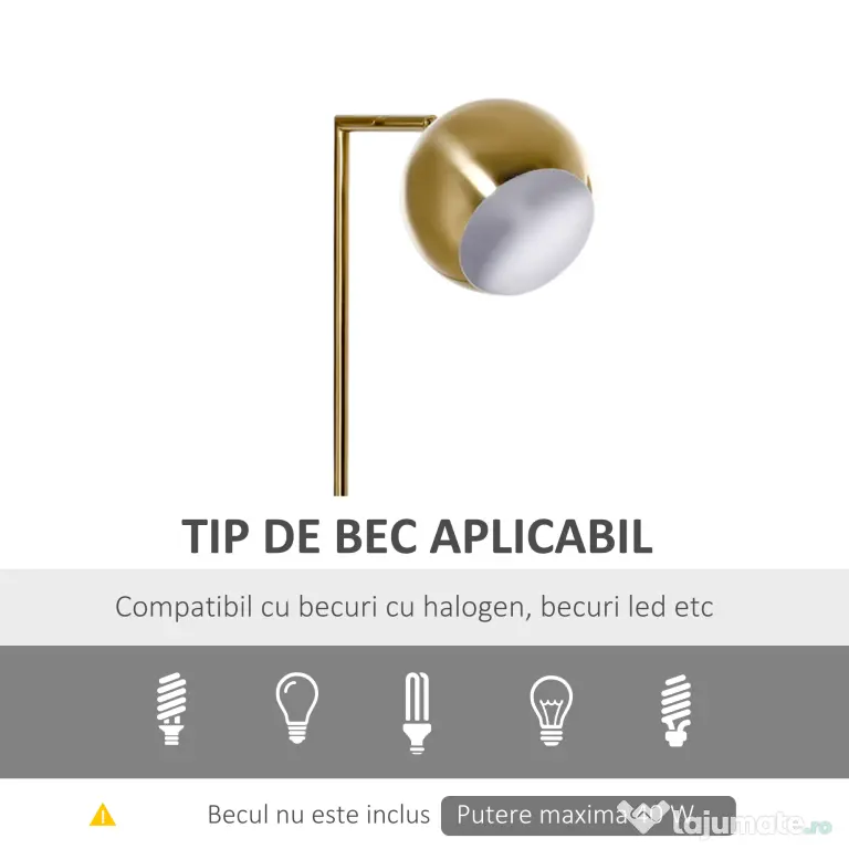 Lampa de podea cu structura metalica si abajur reglabil, din Metal si Marmura 38x26x165cm Auriu, Alb HOMCOM | Aosom RO