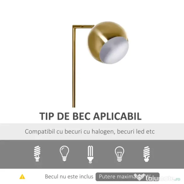 Lampa de podea cu structura metalica si abajur reglabil, din Metal si Marmura 38x26x165cm Auriu, Alb HOMCOM | Aosom RO