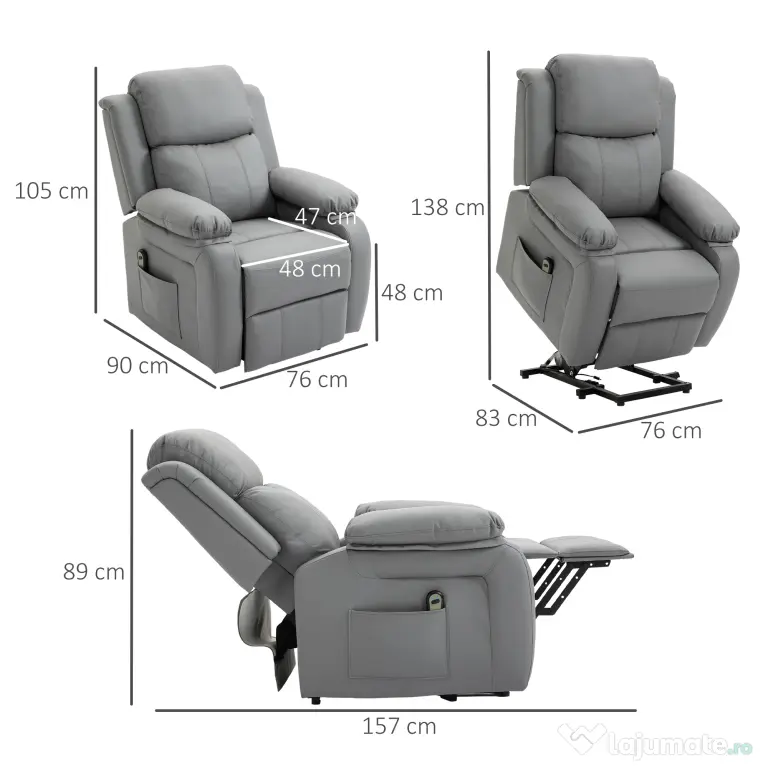 HOMCOM Fotoliu Relaxant Rabatabil la 160°, Electric cu Funcție de Ridicare, Suport pentru Picioare și Telecomandă, 76x90x105 cm, Gri | Aosom Romania