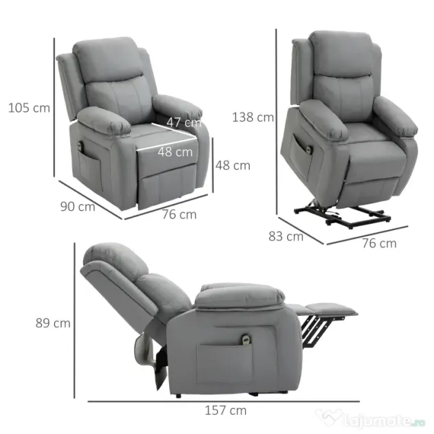 HOMCOM Fotoliu Relaxant Rabatabil la 160°, Electric cu Funcție de Ridicare, Suport pentru Picioare și Telecomandă, 76x90x105 cm, Gri | Aosom Romania