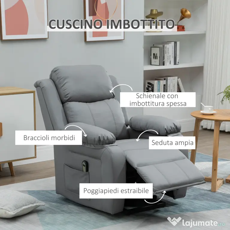 HOMCOM Fotoliu Relaxant Rabatabil la 160°, Electric cu Funcție de Ridicare, Suport pentru Picioare și Telecomandă, 76x90x105 cm, Gri | Aosom Romania