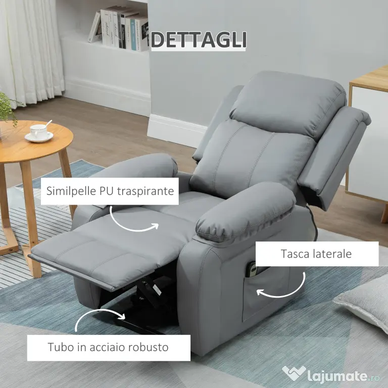 HOMCOM Fotoliu Relaxant Rabatabil la 160°, Electric cu Funcție de Ridicare, Suport pentru Picioare și Telecomandă, 76x90x105 cm, Gri | Aosom Romania