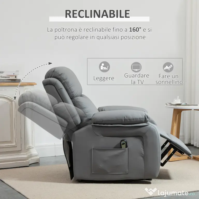 HOMCOM Fotoliu Relaxant Rabatabil la 160°, Electric cu Funcție de Ridicare, Suport pentru Picioare și Telecomandă, 76x90x105 cm, Gri | Aosom Romania