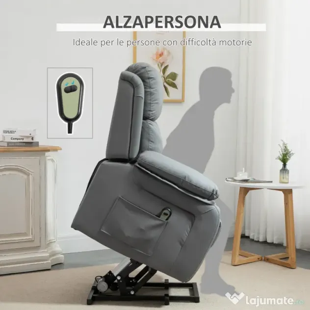 HOMCOM Fotoliu Relaxant Rabatabil la 160°, Electric cu Funcție de Ridicare, Suport pentru Picioare și Telecomandă, 76x90x105 cm, Gri | Aosom Romania