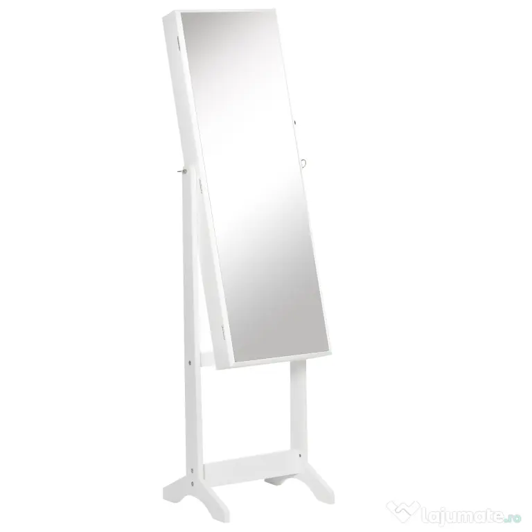 HOMCOM Oglindă Portbijuterii, Dulap Portbijuterii cu Unghi Reglabil, Organizator pentru Inele, Coliere, Cercei, Încuietoare cu Cheie, pentru Dormitor, Living, 46x36.5x151.5cm, Alb | Aosom Romania