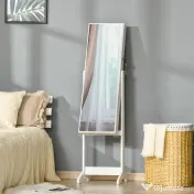 HOMCOM Oglindă Portbijuterii, Dulap Portbijuterii cu Unghi Reglabil, Organizator pentru Inele, Coliere, Cercei, Încuietoare cu Cheie, pentru Dormitor, Living, 46x36.5x151.5cm, Alb | Aosom Romania 