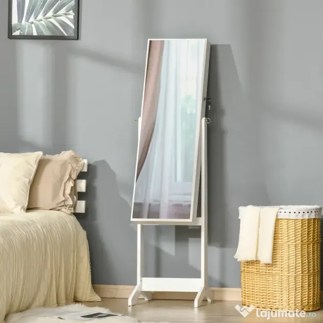 HOMCOM Oglindă Portbijuterii, Dulap Portbijuterii cu Unghi Reglabil, Organizator pentru Inele, Coliere, Cercei, Încuietoare cu Cheie, pentru Dormitor, Living, 46x36.5x151.5cm, Alb | Aosom Romania