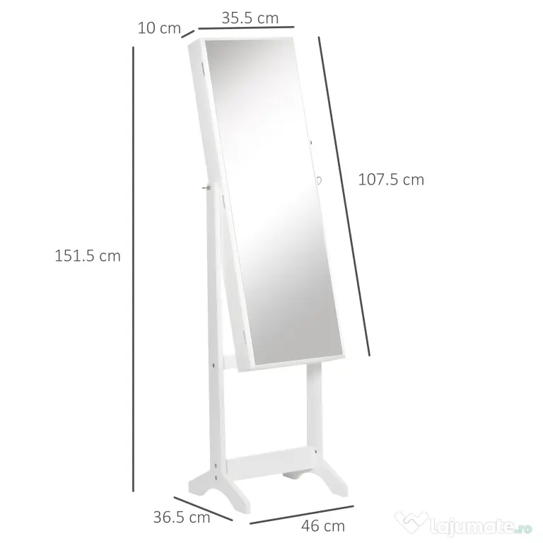 HOMCOM Oglindă Portbijuterii, Dulap Portbijuterii cu Unghi Reglabil, Organizator pentru Inele, Coliere, Cercei, Încuietoare cu Cheie, pentru Dormitor, Living, 46x36.5x151.5cm, Alb | Aosom Romania