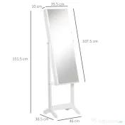 HOMCOM Oglindă Portbijuterii, Dulap Portbijuterii cu Unghi Reglabil, Organizator pentru Inele, Coliere, Cercei, Încuietoare cu Cheie, pentru Dormitor, Living, 46x36.5x151.5cm, Alb | Aosom Romania 