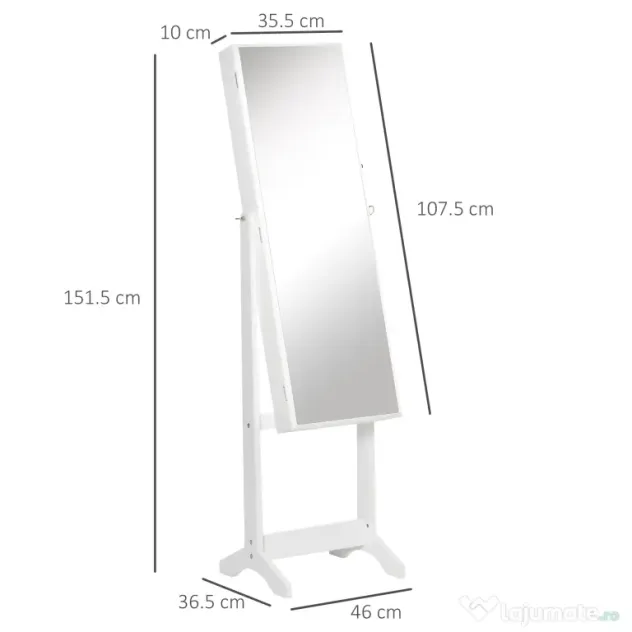 HOMCOM Oglindă Portbijuterii, Dulap Portbijuterii cu Unghi Reglabil, Organizator pentru Inele, Coliere, Cercei, Încuietoare cu Cheie, pentru Dormitor, Living, 46x36.5x151.5cm, Alb | Aosom Romania