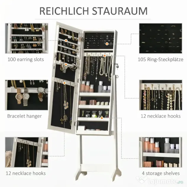 HOMCOM Oglindă Portbijuterii, Dulap Portbijuterii cu Unghi Reglabil, Organizator pentru Inele, Coliere, Cercei, Încuietoare cu Cheie, pentru Dormitor, Living, 46x36.5x151.5cm, Alb | Aosom Romania
