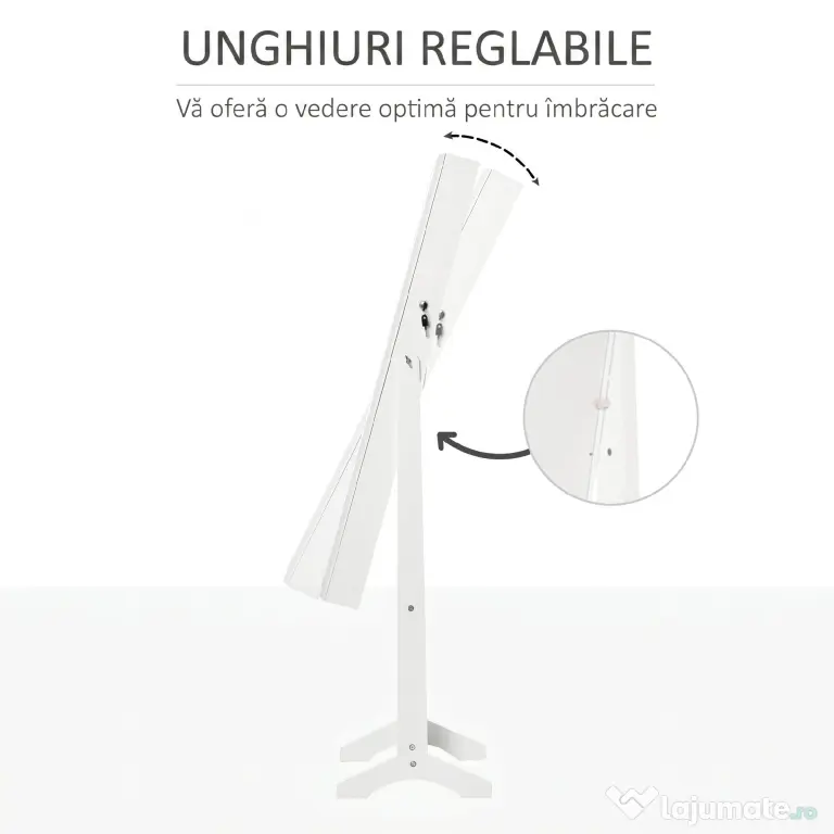 HOMCOM Oglindă Portbijuterii, Dulap Portbijuterii cu Unghi Reglabil, Organizator pentru Inele, Coliere, Cercei, Încuietoare cu Cheie, pentru Dormitor, Living, 46x36.5x151.5cm, Alb | Aosom Romania