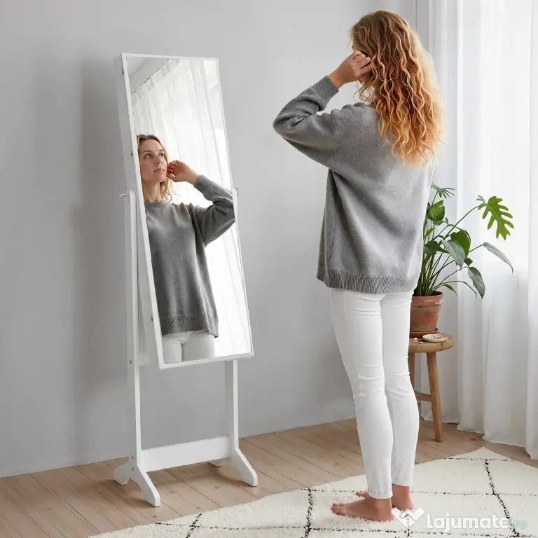 HOMCOM Oglindă Portbijuterii, Dulap Portbijuterii cu Unghi Reglabil, Organizator pentru Inele, Coliere, Cercei, Încuietoare cu Cheie, pentru Dormitor, Living, 46x36.5x151.5cm, Alb | Aosom Romania