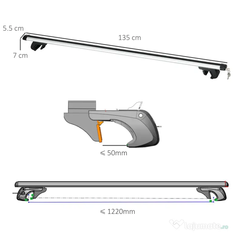 HOMCOM Bare transversale auto 135 cm, portbagaj blocabil cu 2 chei, compatibile cu șine laterale de 120 cm, argintie | Aosom Romania