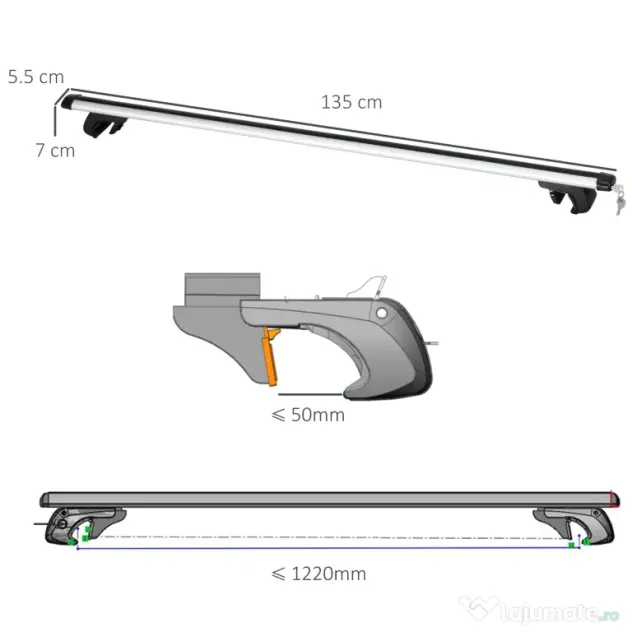 HOMCOM Bare transversale auto 135 cm, portbagaj blocabil cu 2 chei, compatibile cu șine laterale de 120 cm, argintie | Aosom Romania