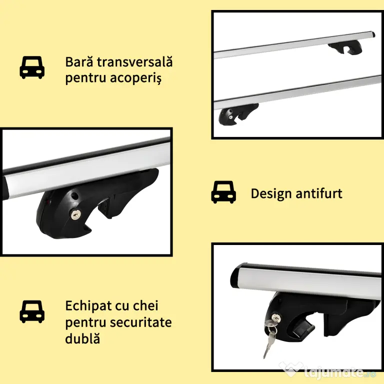 HOMCOM Bare transversale auto 135 cm, portbagaj blocabil cu 2 chei, compatibile cu șine laterale de 120 cm, argintie | Aosom Romania