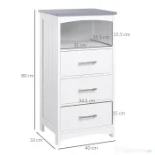 Kleankin Dulapior de Baie cu Raft Deschis si 3 Sertare, Design Ridicat din MDF, 40x33x80cm, Alb | Aosom Ro 