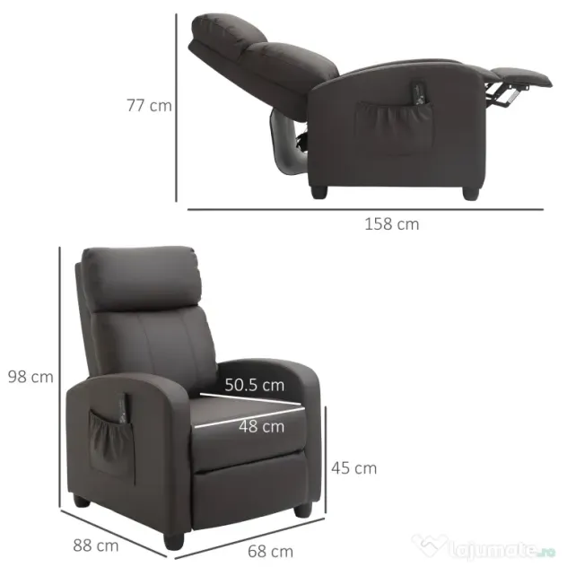 Fotoliu cu masaj HOMCOM cu 8 functii si 5 intensitati, maro | Aosom Romania