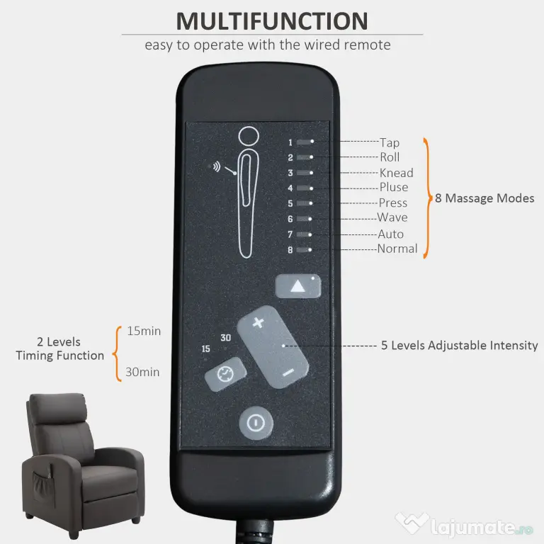 Fotoliu cu masaj HOMCOM cu 8 functii si 5 intensitati, maro | Aosom Romania