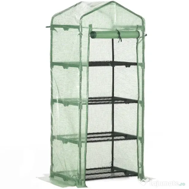 Outsunny Seră Verticală cu 4 Rafturi, Sera de Grădină cu Ușă cu Fermoar, Oțel și PE Verde, 70x50x160 cm | Aosom Romania