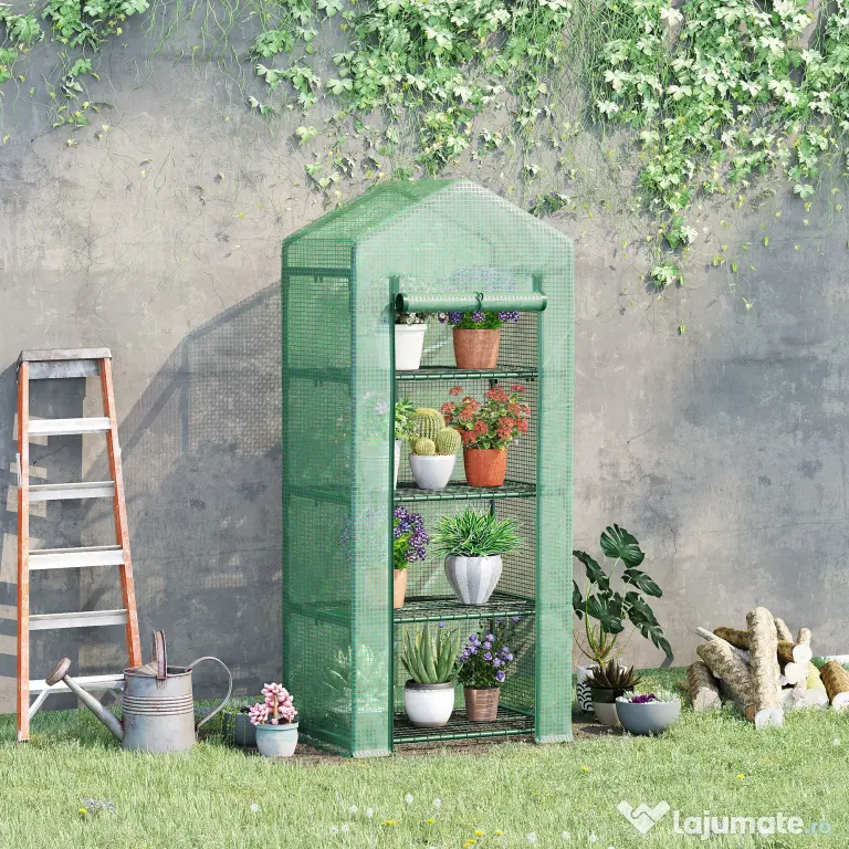 Outsunny Seră Verticală cu 4 Rafturi, Sera de Grădină cu Ușă cu Fermoar, Oțel și PE Verde, 70x50x160 cm | Aosom Romania