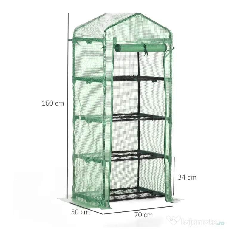 Outsunny Seră Verticală cu 4 Rafturi, Sera de Grădină cu Ușă cu Fermoar, Oțel și PE Verde, 70x50x160 cm | Aosom Romania