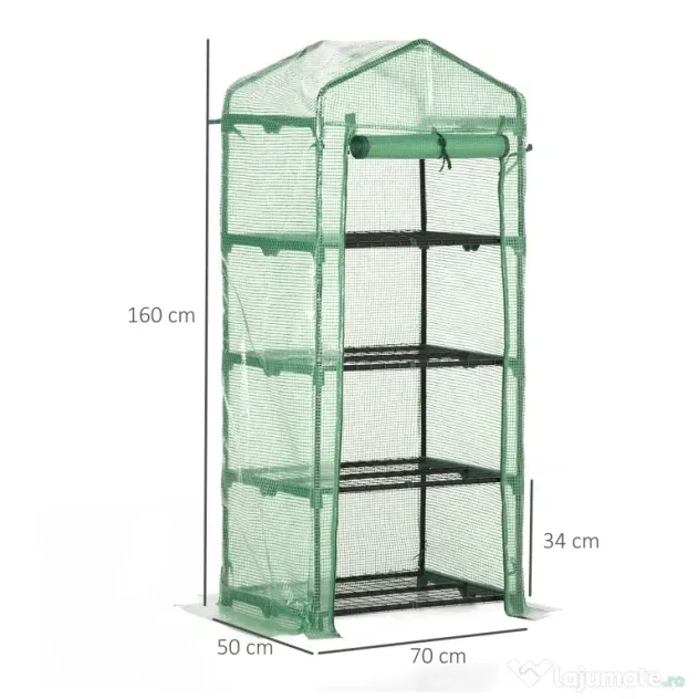 Outsunny Seră Verticală cu 4 Rafturi, Sera de Grădină cu Ușă cu Fermoar, Oțel și PE Verde, 70x50x160 cm | Aosom Romania