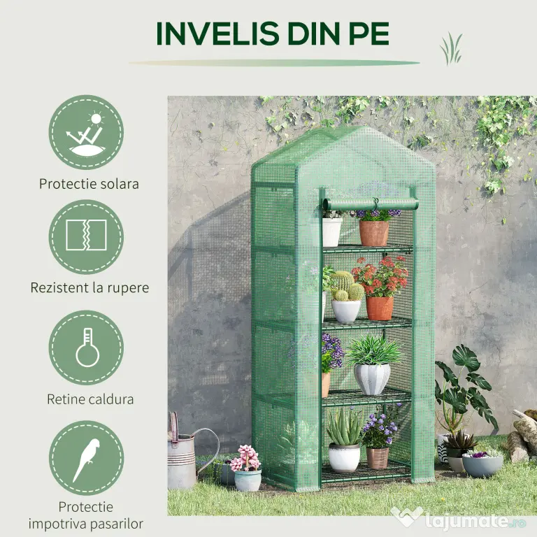 Outsunny Seră Verticală cu 4 Rafturi, Sera de Grădină cu Ușă cu Fermoar, Oțel și PE Verde, 70x50x160 cm | Aosom Romania