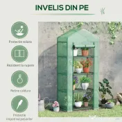 Outsunny Seră Verticală cu 4 Rafturi, Sera de Grădină cu Ușă cu Fermoar, Oțel și PE Verde, 70x50x160 cm | Aosom Romania
