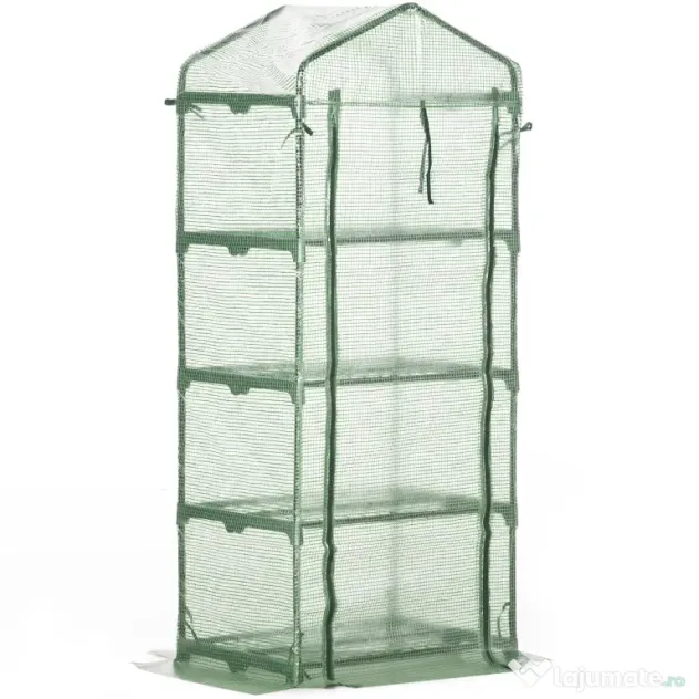 Outsunny Seră Verticală cu 4 Rafturi, Sera de Grădină cu Ușă cu Fermoar, Oțel și PE Verde, 70x50x160 cm | Aosom Romania