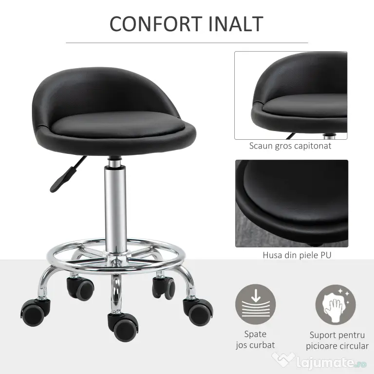 HOMCOM Set 2 Taburete de Bar Pivotante, Înălțime Ajustabilă, Imitație Piele PU, Negru | Aosom Romania