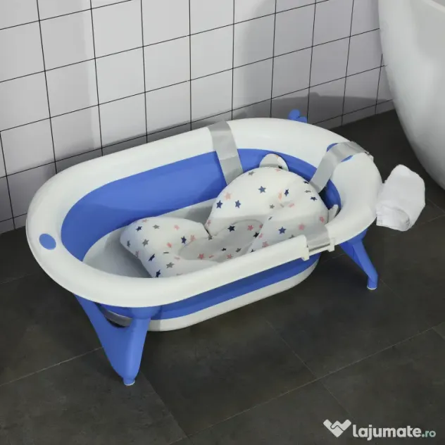 HOMCOM Cadă Pliabilă cu Indicator de Temperatură și Pernuță, Albastru, 81.5x50.5x23.5 cm, pentru Bebeluși 0-3 Ani | Aosom Romania