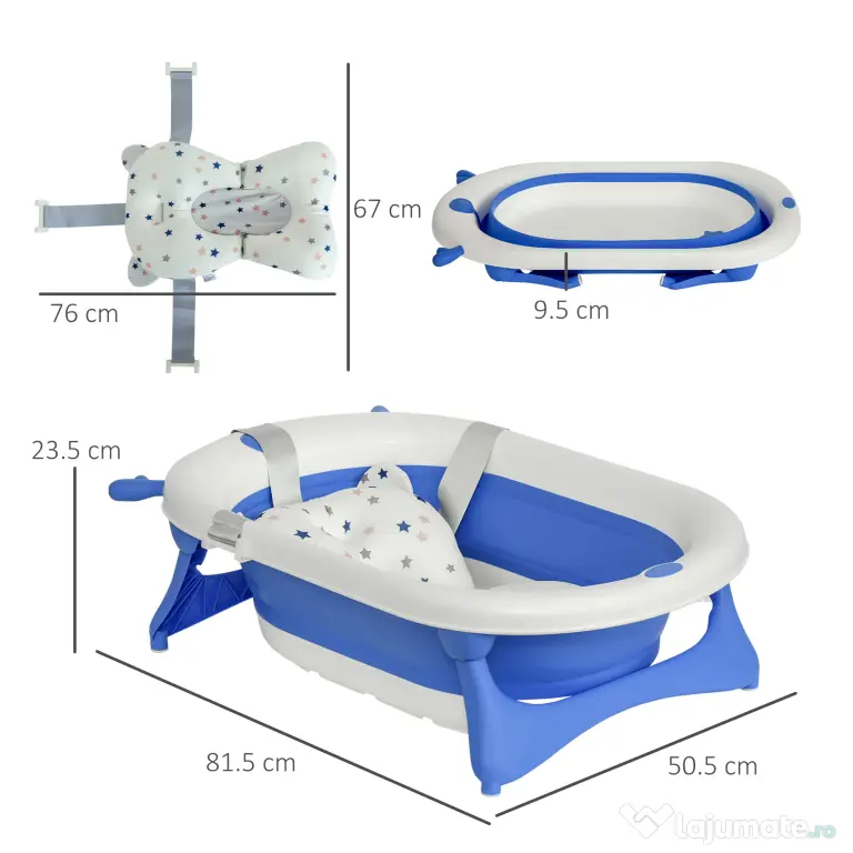 HOMCOM Cadă Pliabilă cu Indicator de Temperatură și Pernuță, Albastru, 81.5x50.5x23.5 cm, pentru Bebeluși 0-3 Ani | Aosom Romania