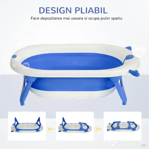 HOMCOM Cadă Pliabilă cu Indicator de Temperatură și Pernuță, Albastru, 81.5x50.5x23.5 cm, pentru Bebeluși 0-3 Ani | Aosom Romania