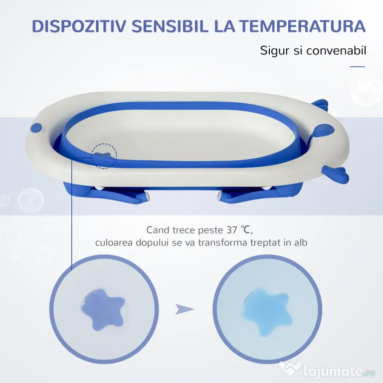 HOMCOM Cadă Pliabilă cu Indicator de Temperatură și Pernuță, Albastru, 81.5x50.5x23.5 cm, pentru Bebeluși 0-3 Ani | Aosom Romania