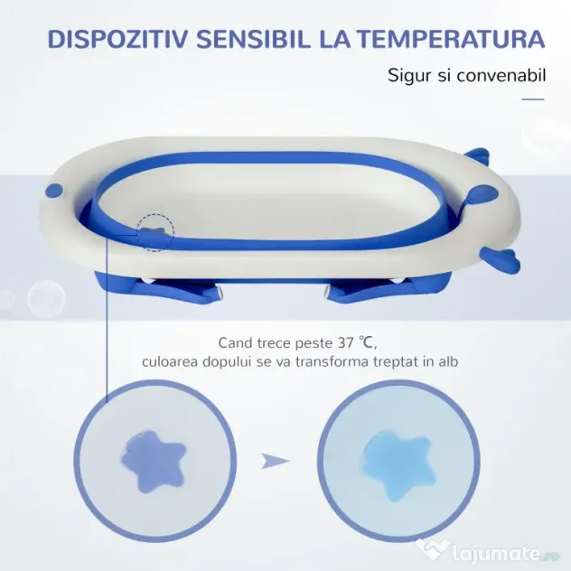 HOMCOM Cadă Pliabilă cu Indicator de Temperatură și Pernuță, Albastru, 81.5x50.5x23.5 cm, pentru Bebeluși 0-3 Ani | Aosom Romania