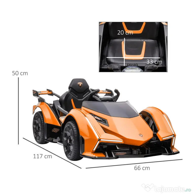 HOMCOM Mașinuță Electrică pentru Copii, Automobil cu Telecomandă, Faruri LED și Muzică, Varsta 3+ Ani, 117x66x50 cm, Portocaliu | Aosom Romania