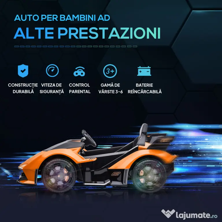 HOMCOM Mașinuță Electrică pentru Copii, Automobil cu Telecomandă, Faruri LED și Muzică, Varsta 3+ Ani, 117x66x50 cm, Portocaliu | Aosom Romania
