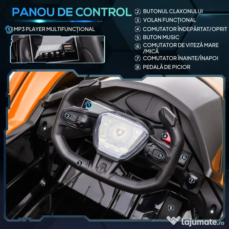 HOMCOM Mașinuță Electrică pentru Copii, Automobil cu Telecomandă, Faruri LED și Muzică, Varsta 3+ Ani, 117x66x50 cm, Portocaliu | Aosom Romania