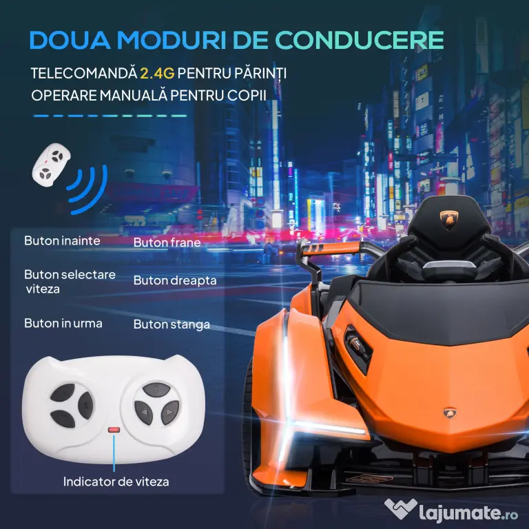 HOMCOM Mașinuță Electrică pentru Copii, Automobil cu Telecomandă, Faruri LED și Muzică, Varsta 3+ Ani, 117x66x50 cm, Portocaliu | Aosom Romania