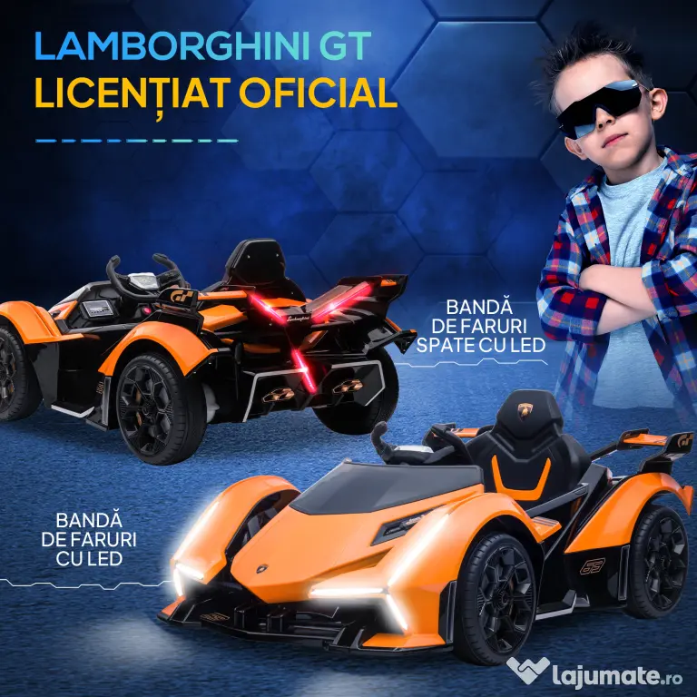 HOMCOM Mașinuță Electrică pentru Copii, Automobil cu Telecomandă, Faruri LED și Muzică, Varsta 3+ Ani, 117x66x50 cm, Portocaliu | Aosom Romania