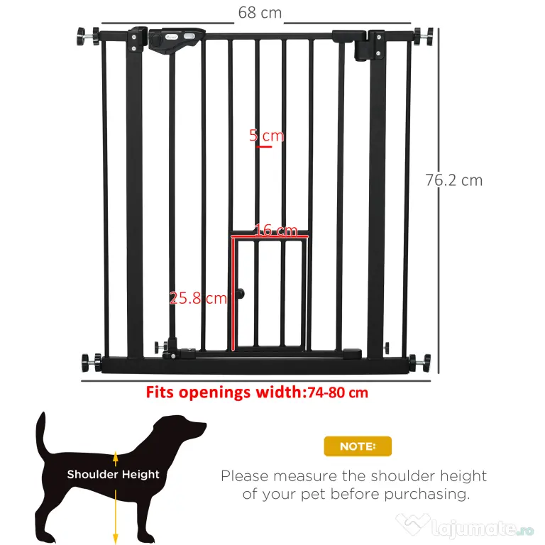 PawHut Portita pentru Caini Extensibila 74-80 cm cu Inchidere Automata, Neagra | Aosom Romania