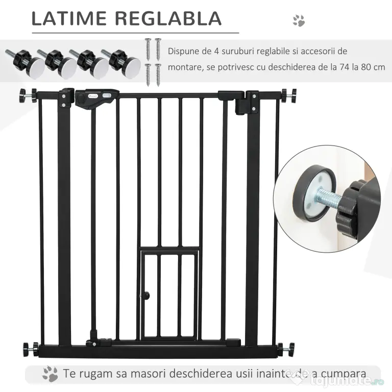 PawHut Portita pentru Caini Extensibila 74-80 cm cu Inchidere Automata, Neagra | Aosom Romania