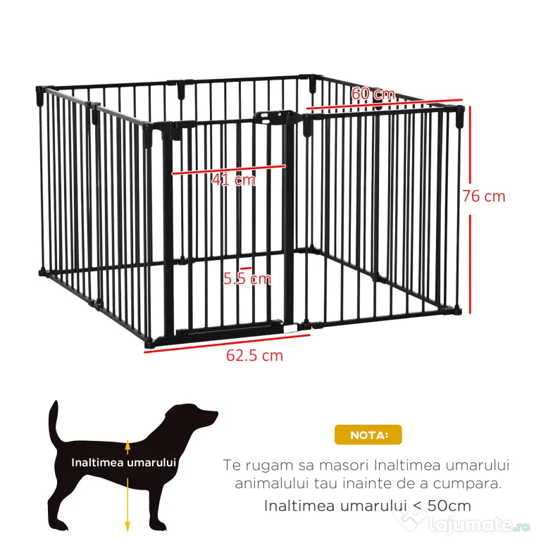 PawHut Barieră de Securitate pentru Câini, Portiță Pliabilă cu 8 Secțiuni, Sistem de Blocare, Închidere Automată, 482.5x76 cm, Negru | Aosom Romania