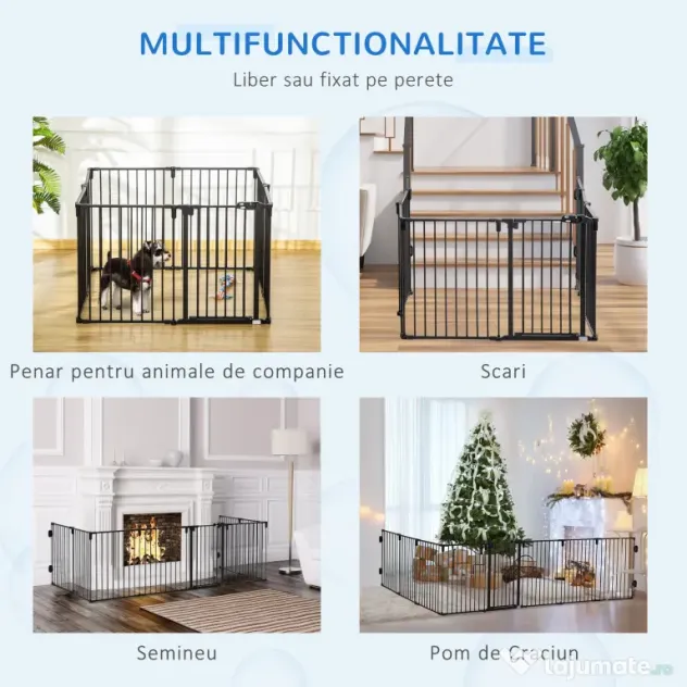 PawHut Barieră de Securitate pentru Câini, Portiță Pliabilă cu 8 Secțiuni, Sistem de Blocare, Închidere Automată, 482.5x76 cm, Negru | Aosom Romania