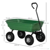 Carucior de Gradina Outsunny cu Structura din Otel si Anvelope, Maner Moale, Capacitate 250 kg, 108x52x100cm, Verde 