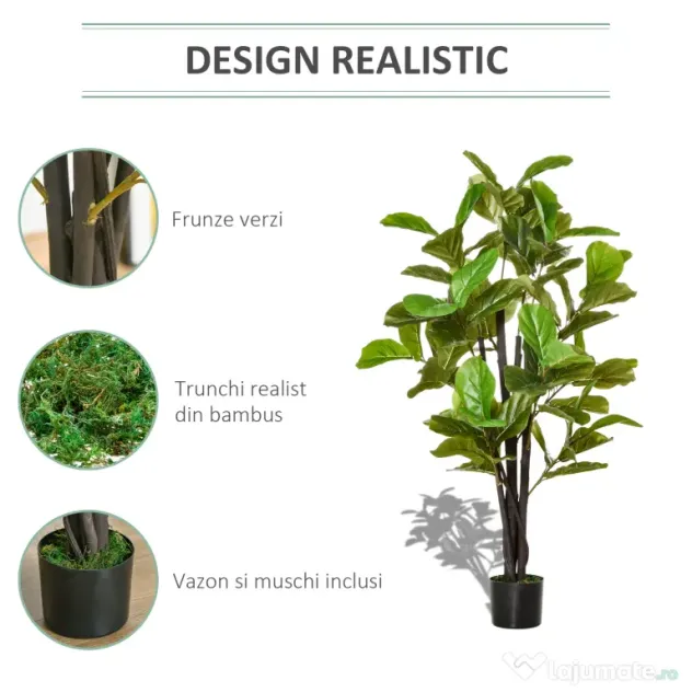 HOMCOM Ficus Artificial 130 cm de Interior si Exterior, Planta Artificiala cu efect Realist cu 78 de Frunze