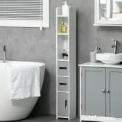 Kleankin Coloana de baie cu rafturi si dulapuri, dulap de baie inalt din lemn care economiseste spatiu, 15x17x120cm, alb si gri 